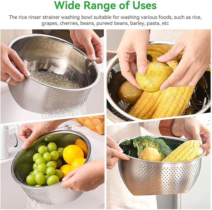 Rice Washer Strainer Bowl, Stainless Steel Rice Washing Bowl Kitchen Washing Basket Basin with Side Drainers Small Colander for Rice, Vegetables & Fruit(22.5CM)