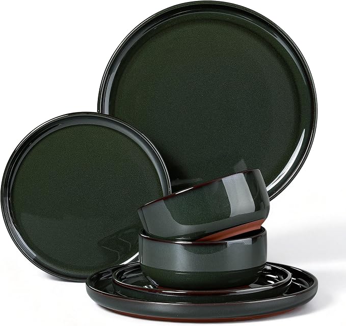 E-far Stoneware Dinnerware Sets for 2, 6 Pieces Reactive Glaze Plates and Bowls Sets, Elegant Dishes with Rustic Terracotta Base, Dishwasher & Microwave Safe, Scratch Resistant, Blackish Green