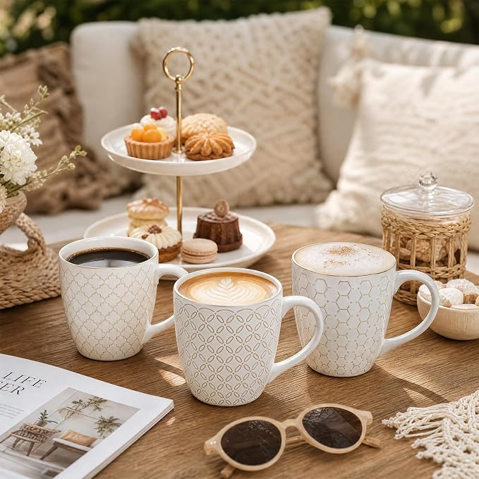 DOWAN Coffee Mugs Set of 6, 19 oz Large Mug, Ceramic Embossment Stoneware Tea Cups with Handle for Men Women, Handcrafted Mug Gift Set, Housewarming Wedding Gift