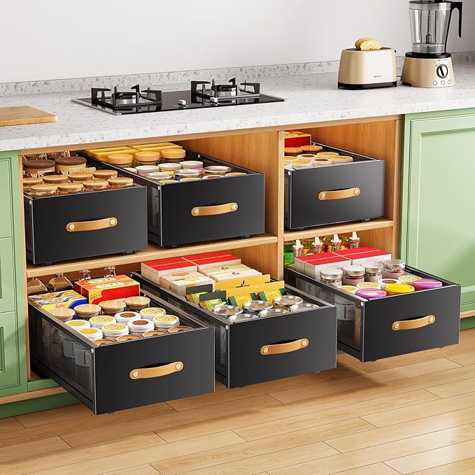 Pull out Cabinet Organizer, Expandable Depth(15.7"-21.7") with Raising Pad for Framed Cabinets, Heavy Duty Slide out Drawers, Adhesive Roll Out Shelves for Kitchen, Pantry Storage(Black, 1-Pack)