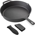 Navaris Cast Iron Skillet - 12"(30cm) Pre-Seasoned Frying Pan with Helper Handle & Silicone Holders, Pour Spouts, for Oven, Stovetop, Grill & Campfire, Heavy-Duty, Even-Heating