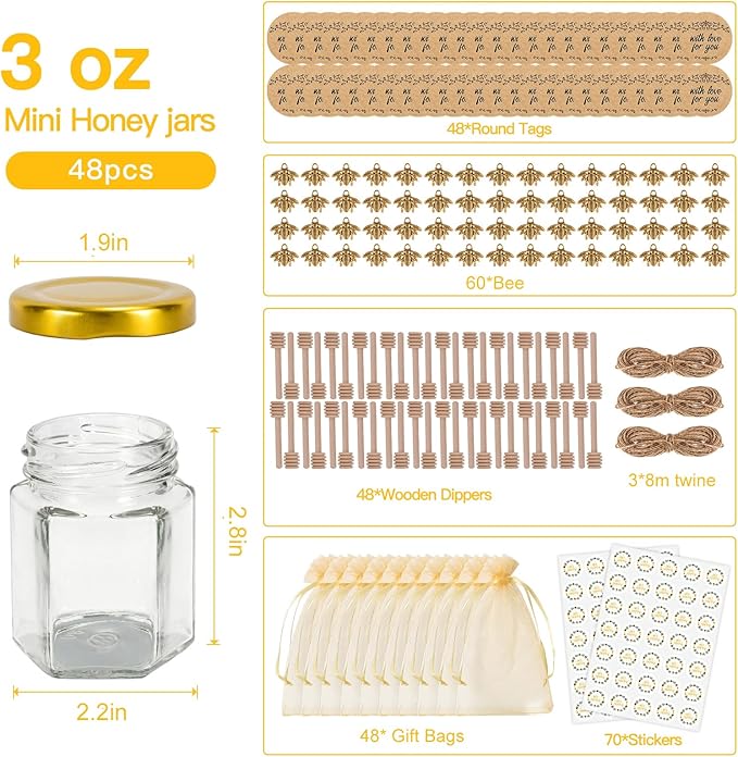 3 oz Mini Glass Honey Jars | 48-Pack Honey Jars with Wood Dippers, Gold Lids, Gift Bags, Bee Charms, Labels, Tags, Twine | Perfect for Baby Shower Party Favors, Wedding Favors, Bridal Showers