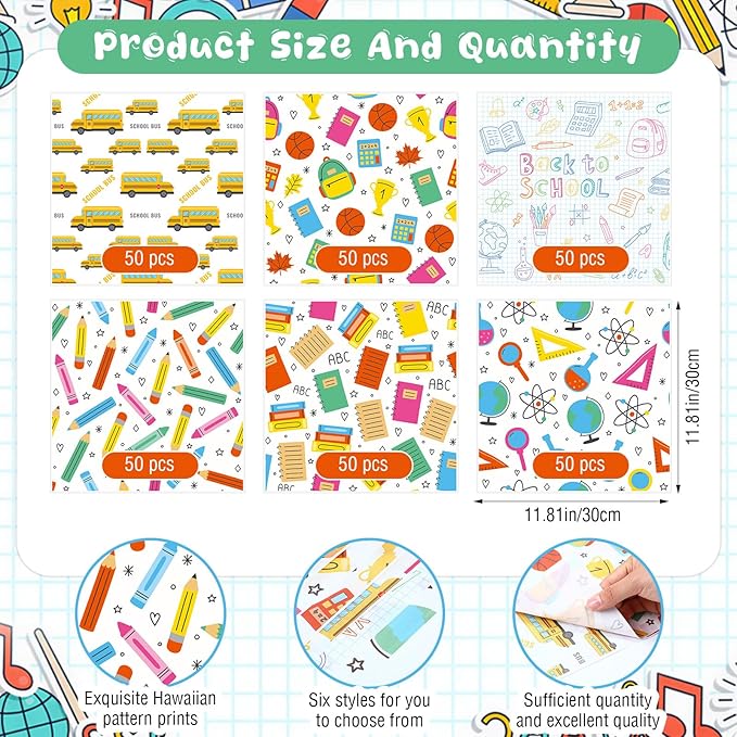 Reallnaive 300 Pcs Back to School Wax Paper Sheets 12 x 12 Inch Parchment Deli Tissue Paper Sandwich Wrapping Sheets Food Basket Liners for Kitchen Restaurant Baking Supplies, 6 Styles