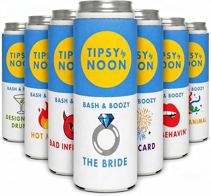 Funky Junque Bachelorette Party Favors Slim Can Cooler, Funny Bridesmaid & Bride Gifts for Girls Trip, Bridal Shower Decorations & Accessories, 12 oz Skinny Can Covers - Tipsy by Noon - 7 Pack