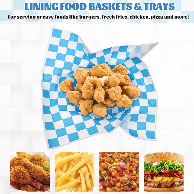 simarro 1000 Sheets Checkered Deli Paper Sheets, 12 x 12 Inch Grease Resistant Food Basket Liners Sandwich Paper Wraps for Restaurants Churches BBQs Picnic Party (Blue And White)