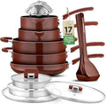NutriChef 17pcs Brown Stackable Pots and Pans Set, Nonstick Induction Cookware, Space Saving Cookware, Easy Clean, Ideal For RV and Camper, Includes a Foldable Steamer Basket and Cooking Utensils