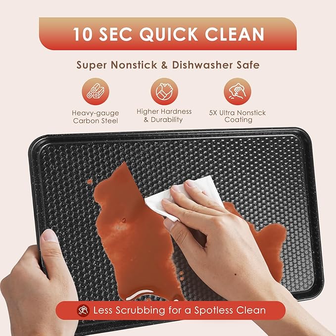 Baking Sheet Pan Set of 3, Nonstick Carbon Steel Cookie Sheets with Texture | Commercial Half/Quarter/Jelly Roll Pans Replacement Toaster Oven Tray, Heavy Duty & Easy Clean