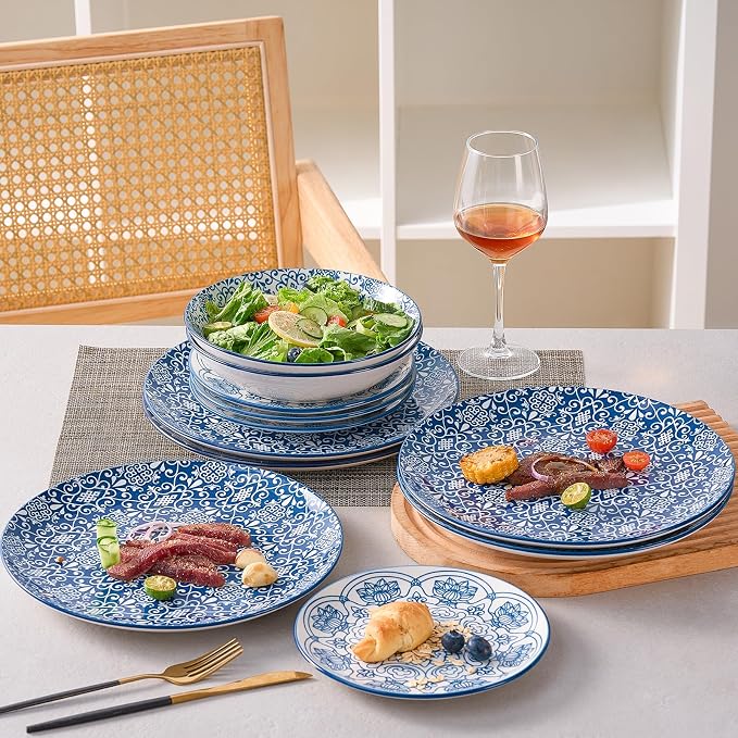 Bestone Porcelain Dinnerware Sets Service for 4, 12 pcs Hand drawn Plates and Bowls Sets, Handmade Ceramic Dish Set, Chip Resistant Modern Plate Set, Dishwasher/Microwave Safe，Vintage Blue