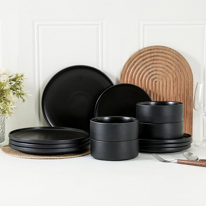 8 Inch Plates, Matte Black, Set of 4 | Matte Glaze Stoneware, Microwave Safe, Dishwasher Safe, For Salads & Desserts