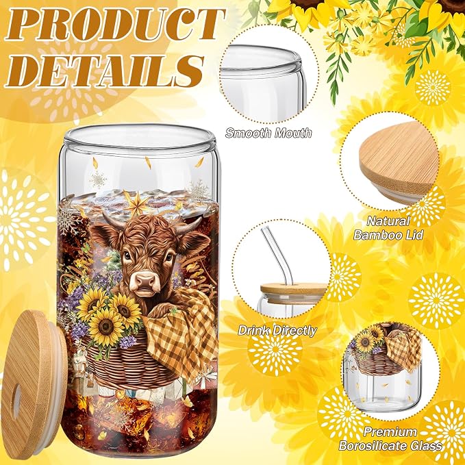 Teenyyou 12 Set of Highland Cow Glasses with Bamboo Lid and Glass Straw 16 oz Summer Drinking Cup Beer Iced Coffee Cup Tumbler Mugs for Teacher's Day Gift Holiday Party Office