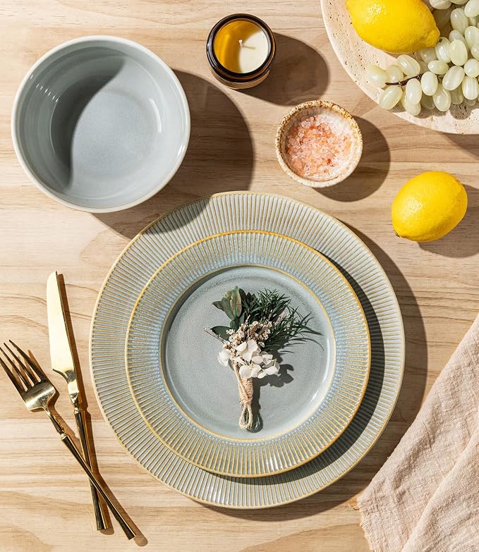 TheTerra Stoneware Dinnerware Sets for 4, 12 Pieces Ceramic Plates and Bowls Sets, Scratch Resistant Embossed Dish Set, Oven, Microwave & Dishwasher Safe, Desert Sage