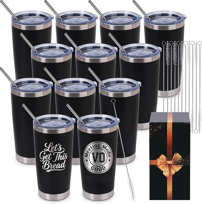 Joyclub Tumblers Bulk Laser Engraving Blanks Easy Carry 12 Pack 20 oz Tumblers Black Stainless Steel Tumblers with Lids Straws and Brushes for Car Commute DIY Gifts Team Family Use