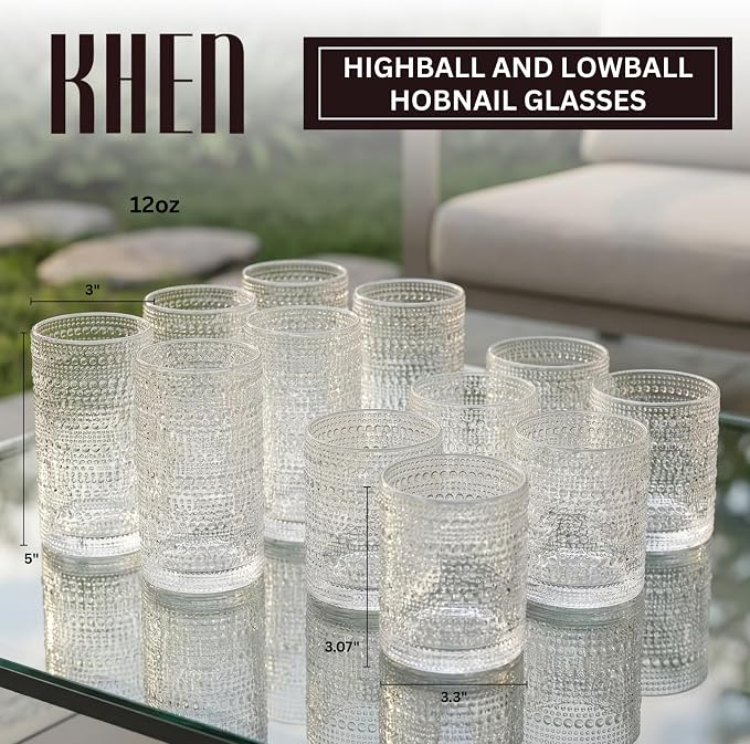 Khen Plastic Hobnail Drinking Glasses Set of 12 Clear Color Cups 6x 10oz Lowball & 6x 1oz Highball Acrylic Beaded Design, BPA-Free, Dishwasher Safe Indoor/Outdoor Drinkware Water, Juice, Cocktails