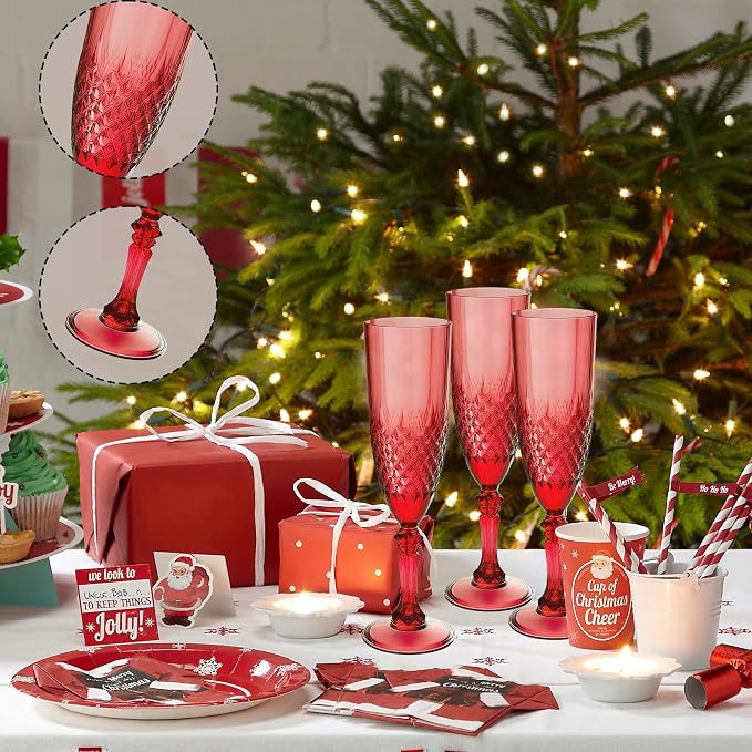 Plastic Champagne Flutes, Champagne Glasses Bulk, Reusable Unbreakable Acrylic Wine Glasses Goblets for Weddings Bachelor Parties Toasting Bridal Shower (48, Dark Red)