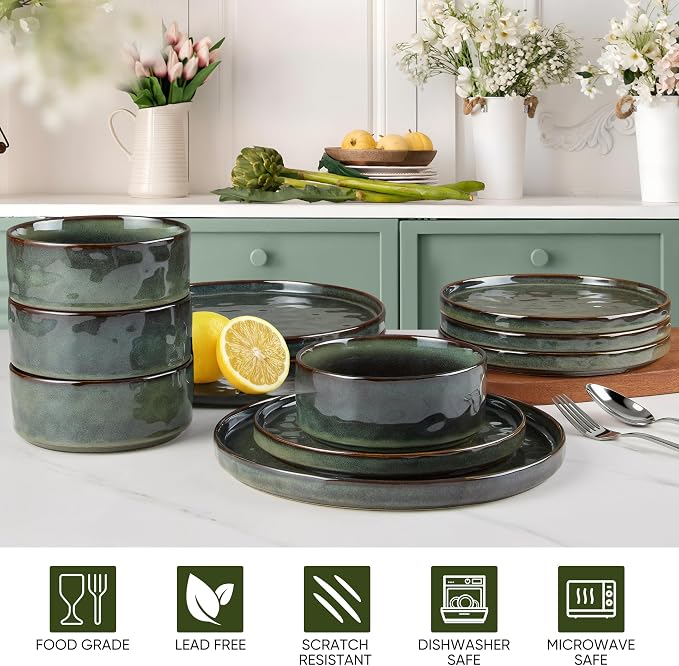LIANYU Dinnerware Dishes Sets for 4, 12 Piece Stoneware Dinner Plates and Bowls Set, Ceramic Dinning Dishware Includes Salad Plate, Cereal Bowls, Chip Resistant & Dishwasher Safe,Moss Green