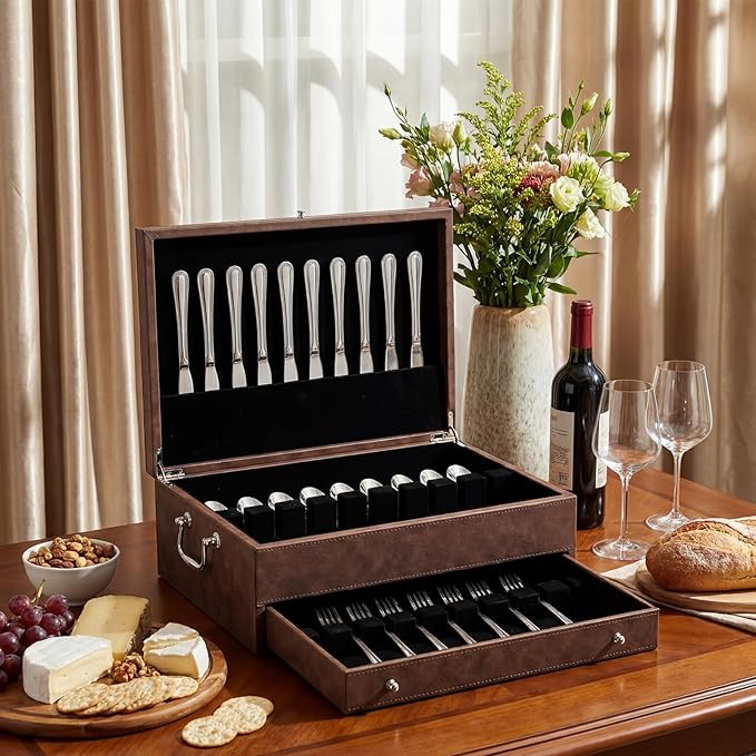 DoubleFill 2 Layer Leather Silverware Storage Box with Lid and Handles, Anti Tarnish Silverware Storage Chest Case with Felt-lined for 12-16 or More Sets of Utensils Flatware Gifts, 15.3x11.2x5.7 Inch