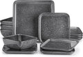 vancasso Stern Gray Dinner Set Square Reactive Glaze Tableware 12 Pieces Kitchen Dinnerware Stoneware Crockery Set with Dinner Plate, Dessert Plate, Bowl Service for 4