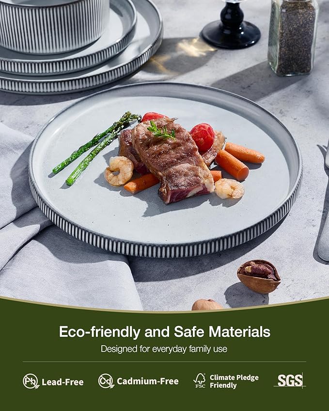 Famiware Star 24-Piece Stoneware Dinnerware Sets, Service for 6 - Shallow Pasta Bowls & Flat Plates, Modern Rustic Reactive Glaze Dishes, Chip/Scratch Resistant, Microwave/Dishwasher Safe, Smoky Blue