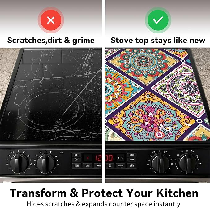 Decorative Stove Top Covers for Electric Stove 28"x20" – Heat Resistant Glass Cooktop Protector Dish Drying Mat – Non-Slip Rubber Backing Washer Top Cover Waterproof Extra Counter Space (Boho)