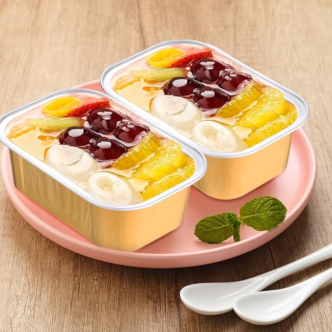 Vesici 100 Sets Mini Loaf Pans with Lids, 5.7 oz Disposable Aluminum Foil Baking Cups, Rectangle Cake Pans for Baking Storage Birthday Party(Gold)