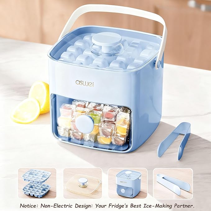 Ice Cube Tray with Lid and Bin, Pack Stackable Ice Tray with Bin and Scoop, BPA-Free Plastic Ice Cube Trays for Freezer with Lid, Chilling Whiskey, Coffee, Cocktail (Blue)