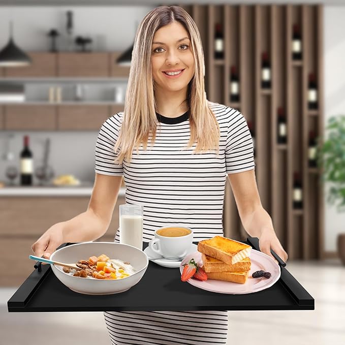 Noodle Board Stove Cover with Handles, Wood Stove Top Covers for Electric/Gas Stoves, Counter Space Top Cover Crafted from Solid Pine Wood,Also Used As Sink Covers & Decorative Tray (Black)