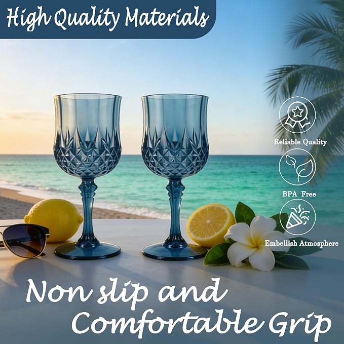 Plastic Wine Glasses, Plastic Goblets Vintage Style Cordial Unbreakable Drinking Glasses, Reusable Drinkware for Wedding Reception, Grand Event Party Supplies (48, Navy Blue)