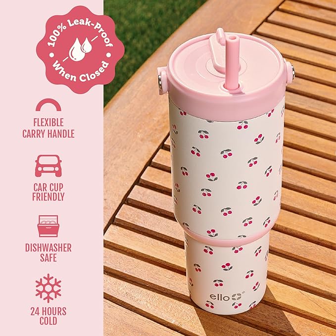 Ello Oasis Go+ 26oz Tumbler with Top Handle and Retracting Straw | Reusable Insulated Stainless Steel Cup, 100% Leakproof Water Bottle, 24 Hours Cold, Cup Holder Friendly For Travel | Cherries Jubilee