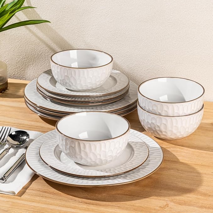 GBHOME Ceramic Dinnerware Sets,12 pcs Embossed Elegant Stoneware Plates and Bowls Sets, Housewarming Wedding Gift | Dishwasher & Microwave Safe | Dishes Set Service for 6