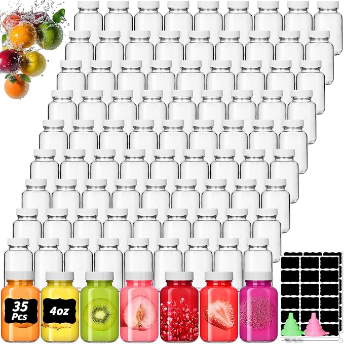 35 Pack 4 oz Glass Shot Bottles with Lids Small Clear Glass Jar for Ginger Wellness Shot Mini Juice Bottle Reusable Wide Mouth Travel Cup & 36 Labels,2 funnels,1 brush for Juice Milk Potion Liquids