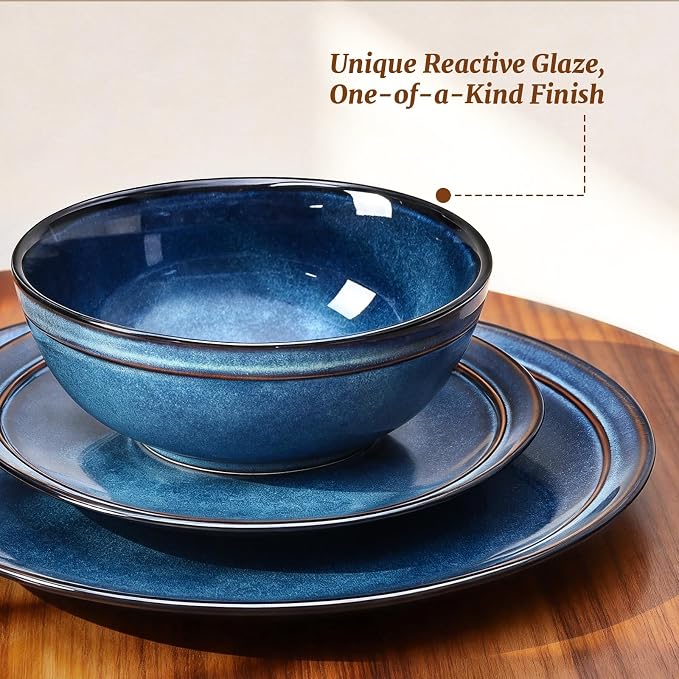 Plates and Bowls Sets 12 Pieces, Blue Reactive Glaze Dinnerware Set | Ceylon Blue Reactive Glaze Stoneware Dishes Service for 4, Handmade Dinnerware Scratch Resistant, Dishwasher Microwave Safe