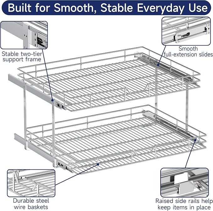 2-Tier Pull Out Cabinet Organizer, 28.5" W x 21.5" D, Heavy Duty Dual Slide Out Shelves for Wide Base Cabinets, Chrome Wire Basket Drawer for Pots, Pans, Pantry & Cleaning Supplies