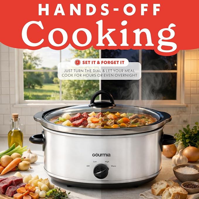 Gourmia Slow Cooker - 6 Quart Removable Ceramic Pot, Manual Controls with 3 Temperature Settings, Dishwasher Safe Crock and Glass Lid, White