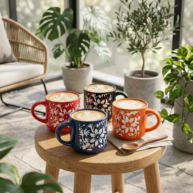 Servo Best Handmade Ceramic Coffee Mugs Set Of 4, 8Oz Comfortable Handle, Porcelain Mug for Latte, Tea, Cappuccino, Milk, Cocoa, Microwave & Dishwasher Safe, Cups for housewarming Gift set