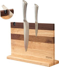 BRENZAA Magnetic Knife Block with Built-in Sharpener, 14 inch Double Sided Wood Knife Holder for Countertop, Universal Knife Stand without Knives (Rubberwood and Walnut Decor)