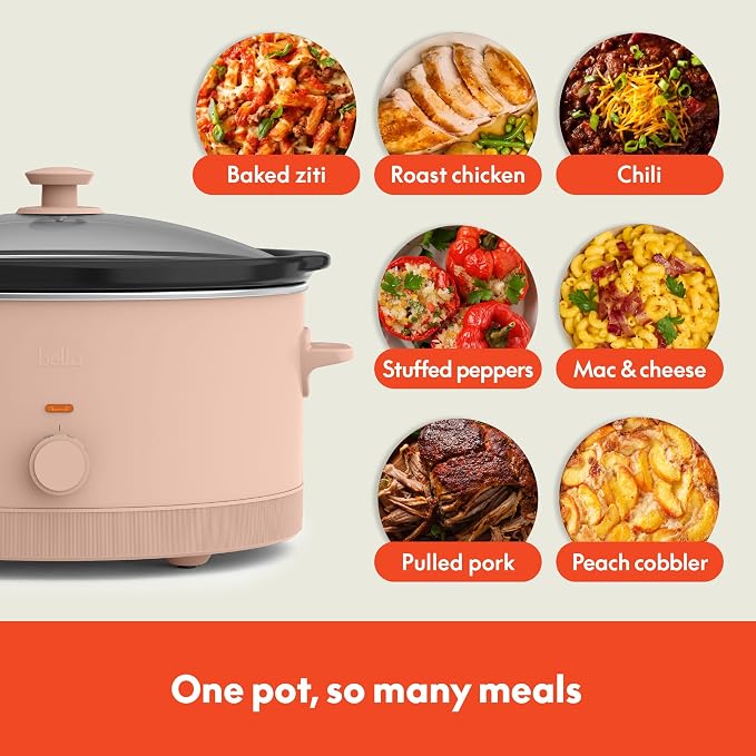 bella 6.0 Qt Manual Slow Cooker, Ceramic Nonstick Coating, 3 Temperature Settings, Dishwasher Safe Stoneware Pot and Tempered Glass Lid, Cool Touch Handles & Tangle Free Cord Wrap, Blossom