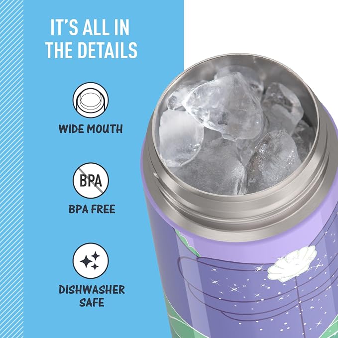 THERMOS FUNTAINER 16 Ounce Stainless Steel Vacuum Insulated Bottle with Wide Spout Lid, Princess Ariel