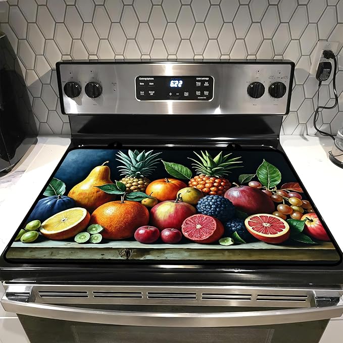 Glass Stove top Cover 28"x 20", Stove Top Covers for Electric Stove, Flat Range Mat for Glass Cooktop, Kitchen Heat-Resistant Protector Non-Slip Drying Mat (Assorted Fruits)