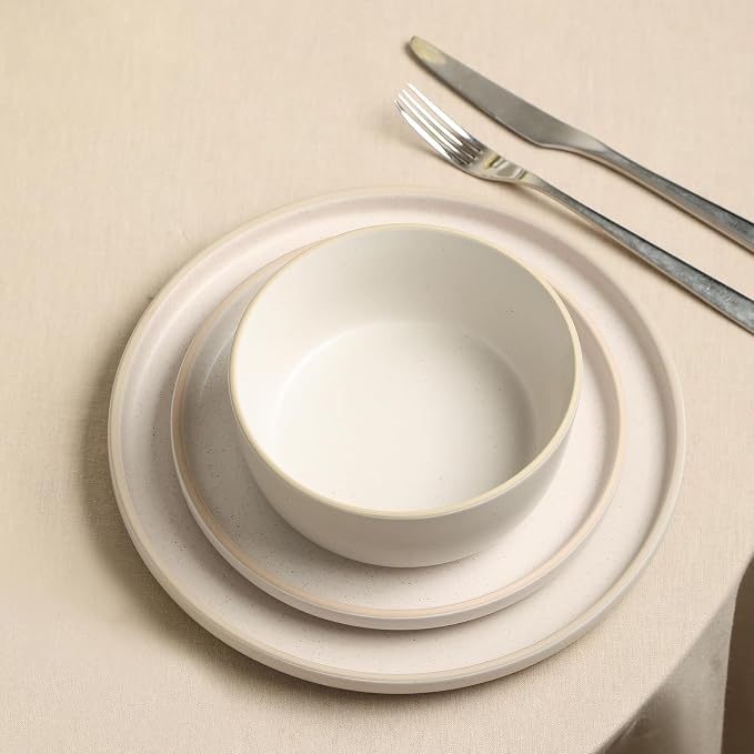Earth & Clay Amber 12-Piece Dinnerware Set Stoneware, Dishwasher and Microwave Safe Plates and Bowls Set, Dish Set for 4, White Speckled