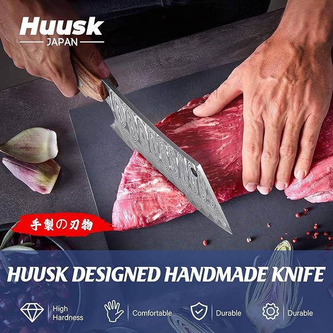 Huusk Hand Forged Meat Cleaver Knife, Japanese Chef Knives with Sheath, Cooking Butcher Knife for Meat Cutting, Vegetable Cleaver for Kitchen, Camping, Gift for Men and Women