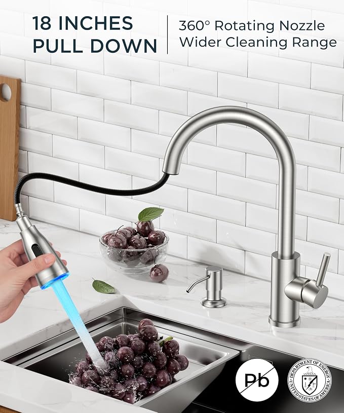 FORIOUS LED Kitchen Faucet with Soap Dispenser and Pull Down Sprayer, Brushed Nickel High Arc Single Handle 3 Modes Stainless Steel Bar Faucet for Kitchen Sink Wet Laundry Camper