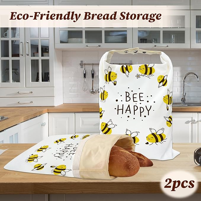 Bread Bags for Homemade Bread, Bee Happy 2 Pack Linen and Beeswax Sourdough Storage Bags, Reusable Keeper, Keeps Breads Fresh Longer, Gifts for Bakers
