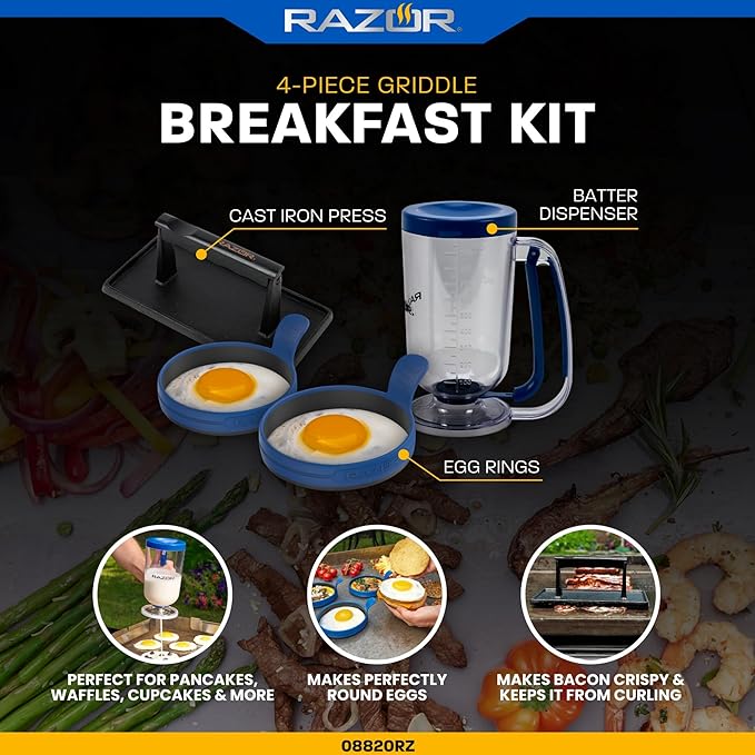 RAZOR 4 Piece Breakfast Kit for Griddle- Pancake Batter Dispenser, 2 Silicone Egg Rings, and Cast Iron Griddle Press