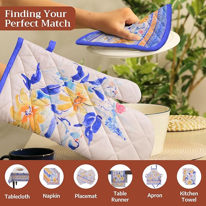 Maison d'Hermine Oven Gloves 100% Cotton Oven Mitt 7" x 13" with Loop Heat Resistant BBQ Cooking Gloves Baking Grilling Gifts for Mothers Day Spring/Summer (Pack of 1, Girassol)