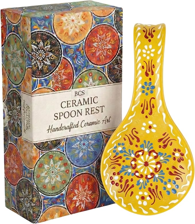 BCS Ceramic Spoon Rest, Large 9” Hand Painted Spoon Holder for Stove Top & Kitchen Counter, Dishwasher Safe & Heat Resistant Utensil Holder, Floral Kitchen Decor, Handmade Pottery