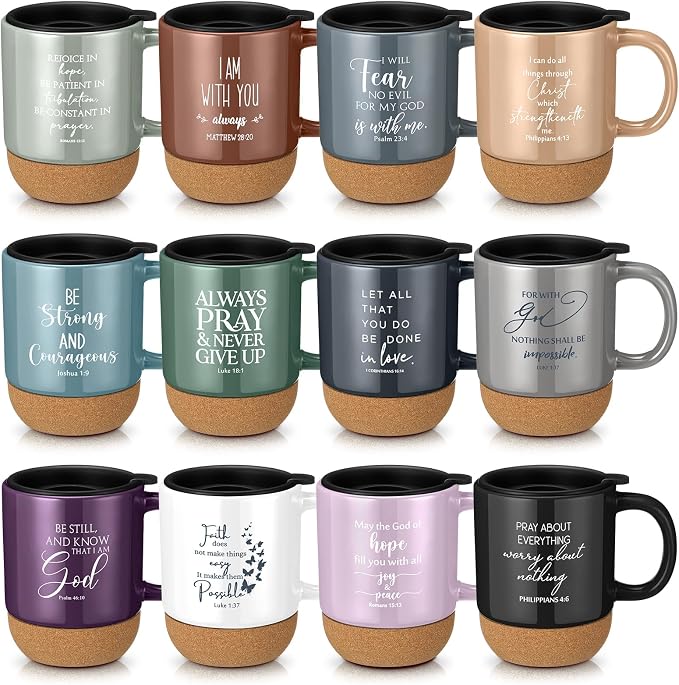 FillTouch 12 Pcs Christian Mug Gifts Bulk 15oz Religious Cup Cork Bottom Coffee Mug with Verse Inspirational Gift for Women Men Pastor Church Group Bible Study Member(Multicolor,Bible Verse)