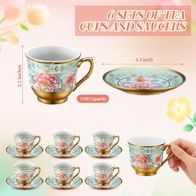 6 Pcs 3 oz Mini Vintage Floral Tea Cups and Saucers Set, Green Porcelain Tea Cup Sets Assorted Colors with Gift Box for Cappuccino, Macchiato, Birthday Party Supply