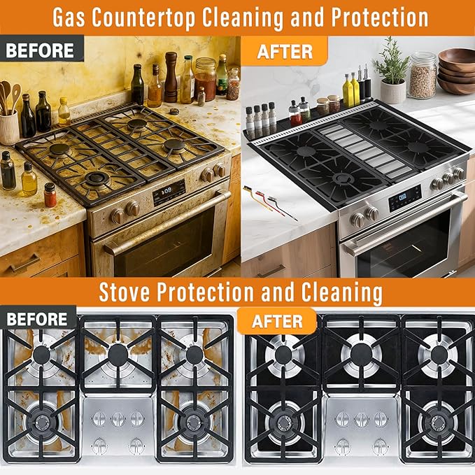 Stove Gap Covers Stainless Steel 2PC(0.08"–0.7" W,13.8"–27.5" L)+30"(2×15") Silicone Magnetic Stove Shelf+4PC Gas Burner Covers|Heat Resistant Non-Stick Range Accessories,Bonus Cleaning Brushes