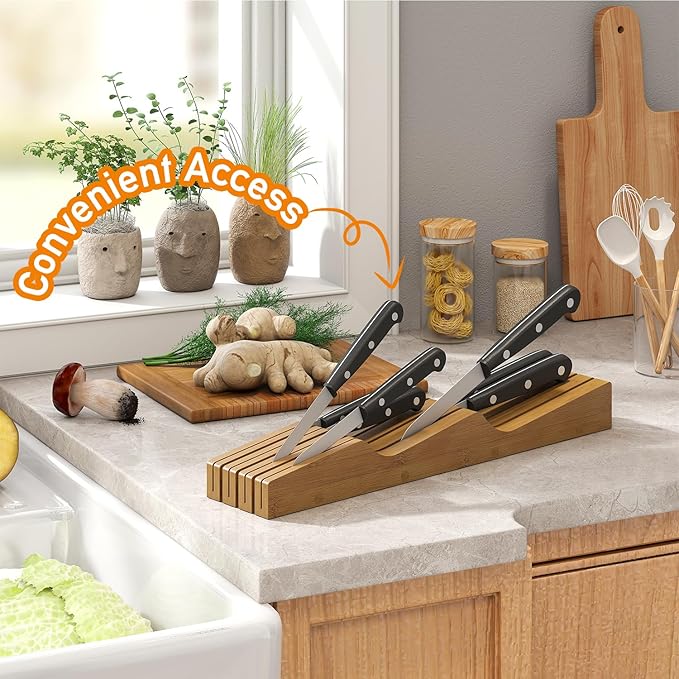 In-Drawer Knife Block Organizer - Bamboo Wood Drawer Knife Organizer-Protecting Knife Organizer Block (Not Included) (Brown, 7 Knives Dock)