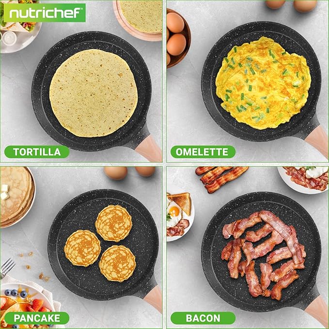 NutriChef 9.45” Non-Stick Crepe Pan with Wooden Spreader, Durable Marble Coated Dosa Pan, Bakelite Handle and Induction Bottom, PFOA/PFOS Free, Dishwasher Safe, Even Heat Distribution (Black Marble)